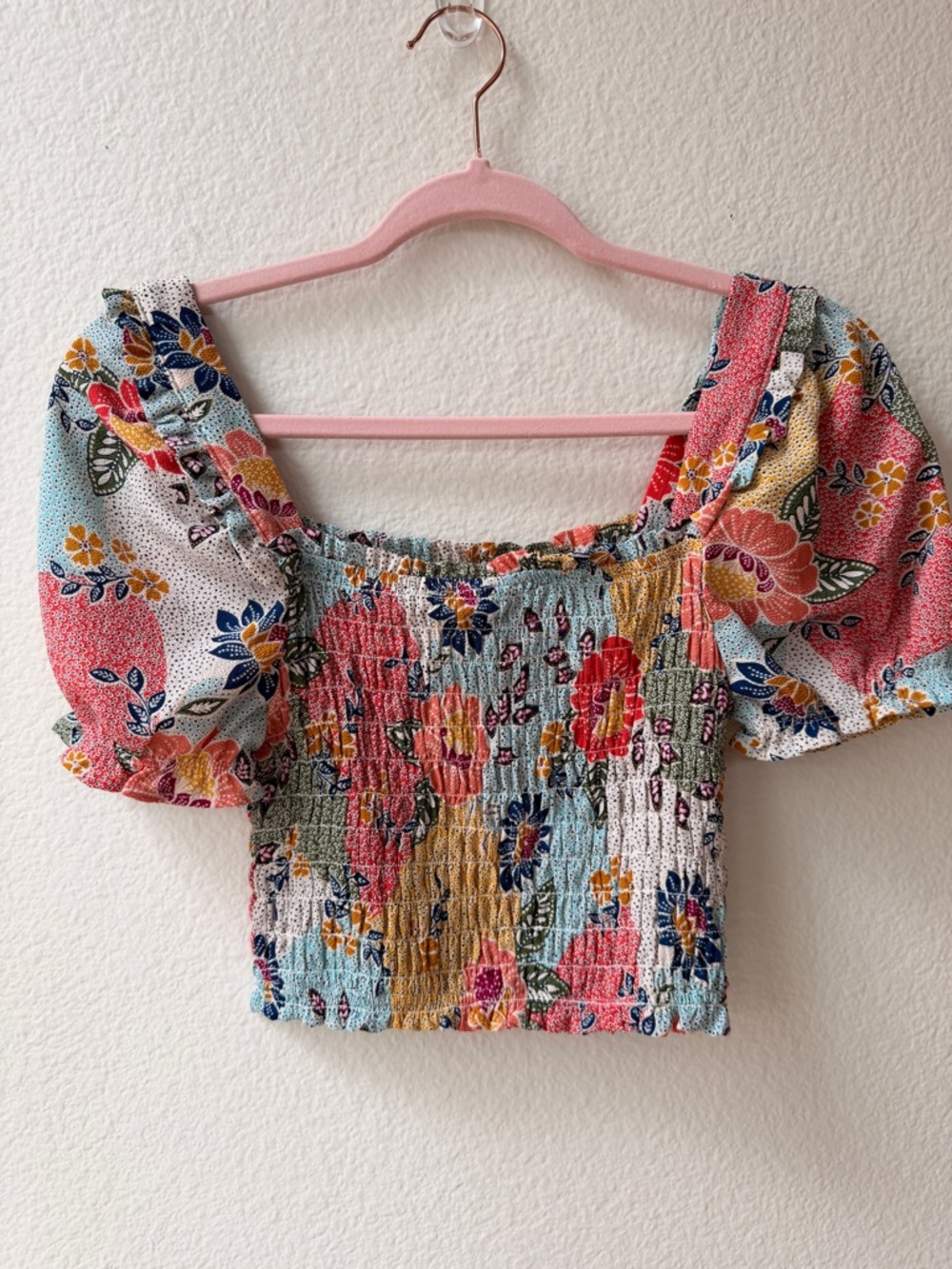 Monteau LA Patchwork Floral Smocked Crop Top Cottagecore Puff Sleeve Boho S